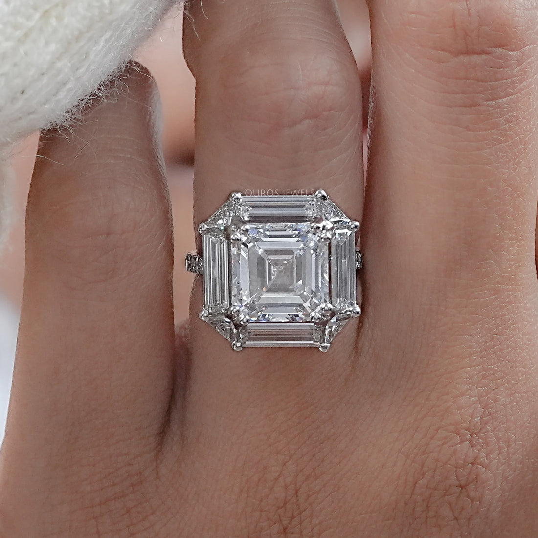 Asscher Cut Baguette Halo Accent Diamond Engagement Ring
