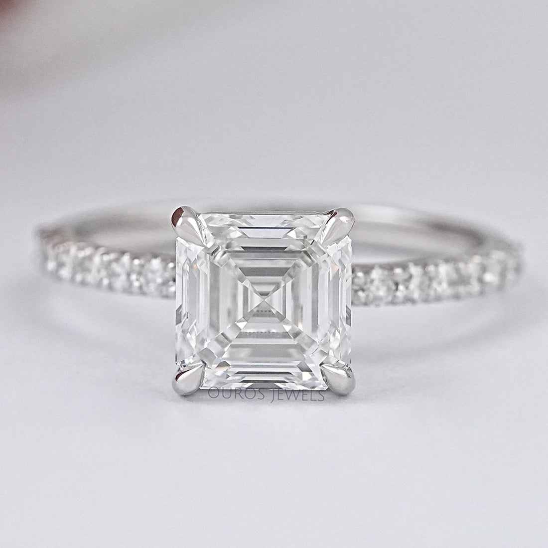 Asscher Cut Solitaire Accent Diamond Engagement Ring