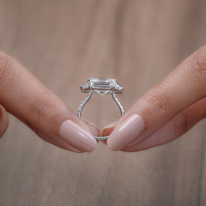 Asscher Cut Baguette Halo Accent Diamond Engagement Ring