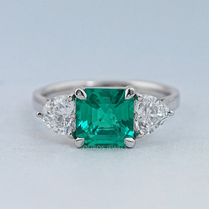 Green Asscher Gemstone Three Stone Engagement Ring Rings
