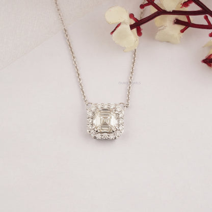 Asscher Cut Lab Diamond Halo Pendant Necklaces