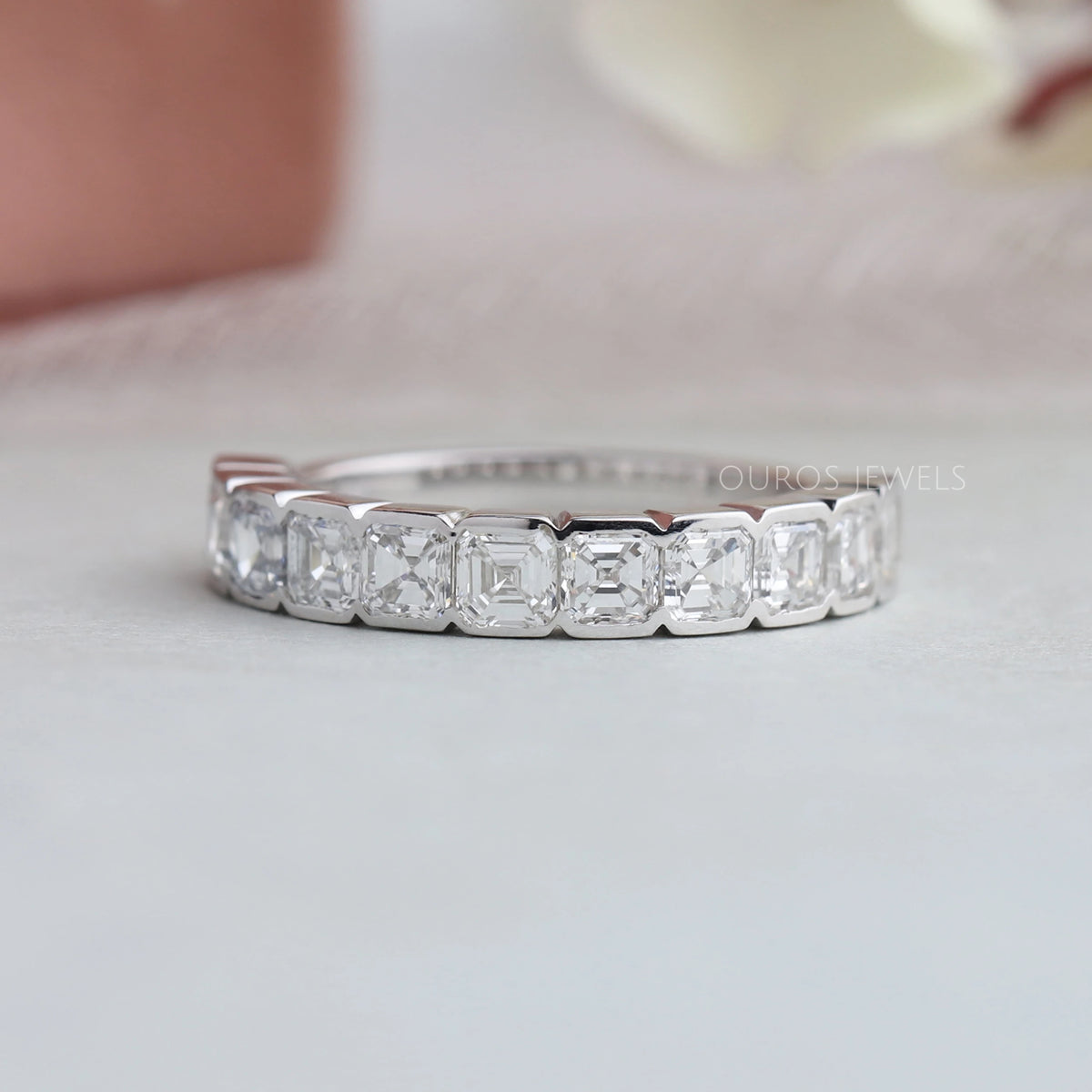 5.60 Ct. Bezel Set Asscher Lab Diamond Eternity Ring In 14K White Gold |  Fascinating Diamonds