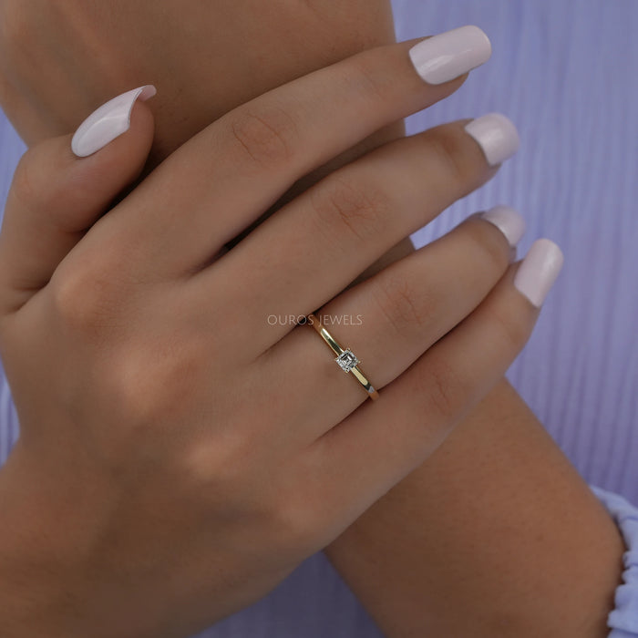 [A Women wearing Asscher Cut Engagement Ring]-[Ouros Jewels]