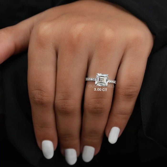 [A Women wearing 3 Carat Asscher Cut Diamond Engagement Ring]-[Ouros Jeweld]