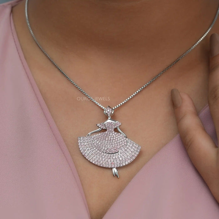 [A Women wearing Barbie shape lab diamond pendant]-[Ouros Jewels]