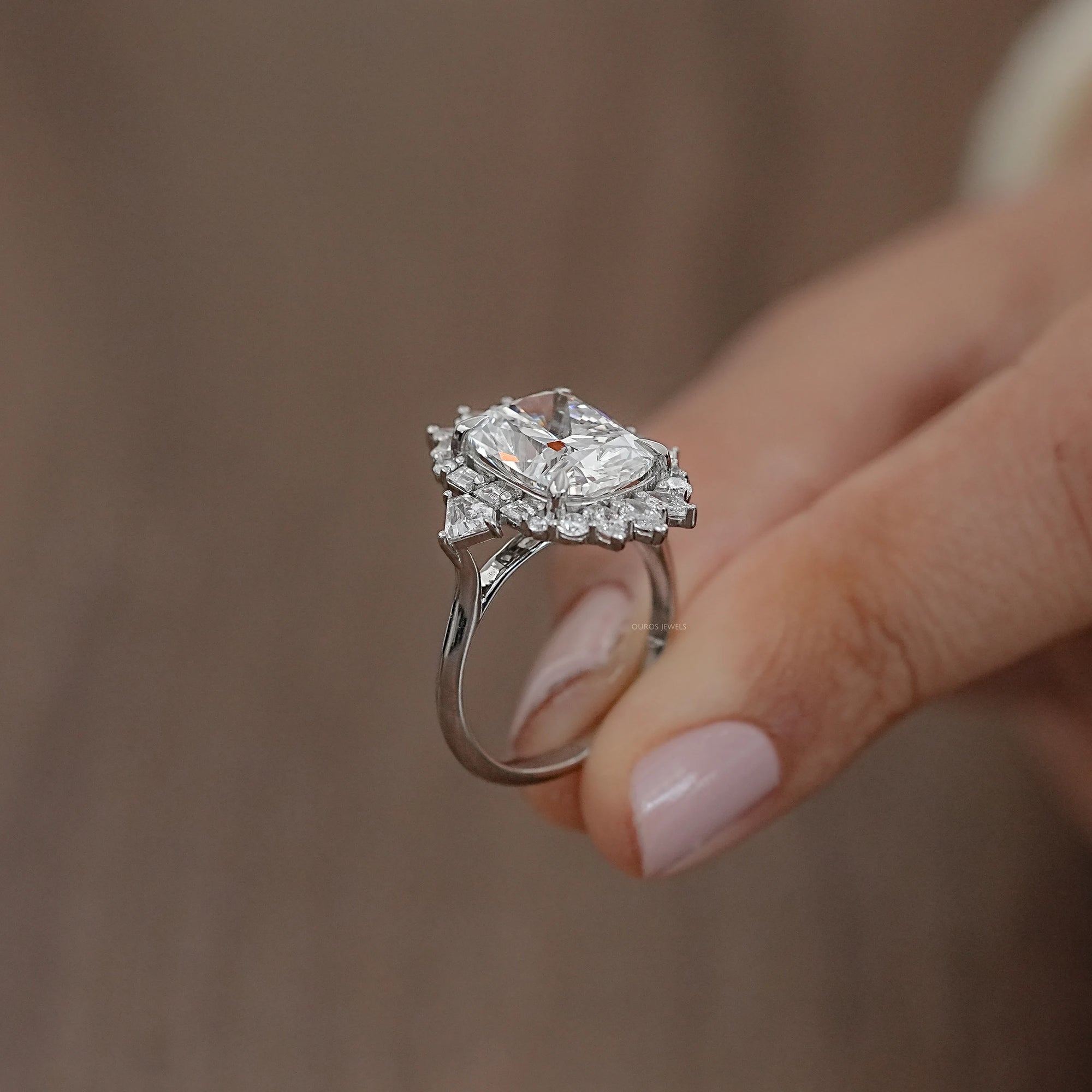 Elongated Cushion Halo Diamond With Baguette & Round Engagement Ring Rings