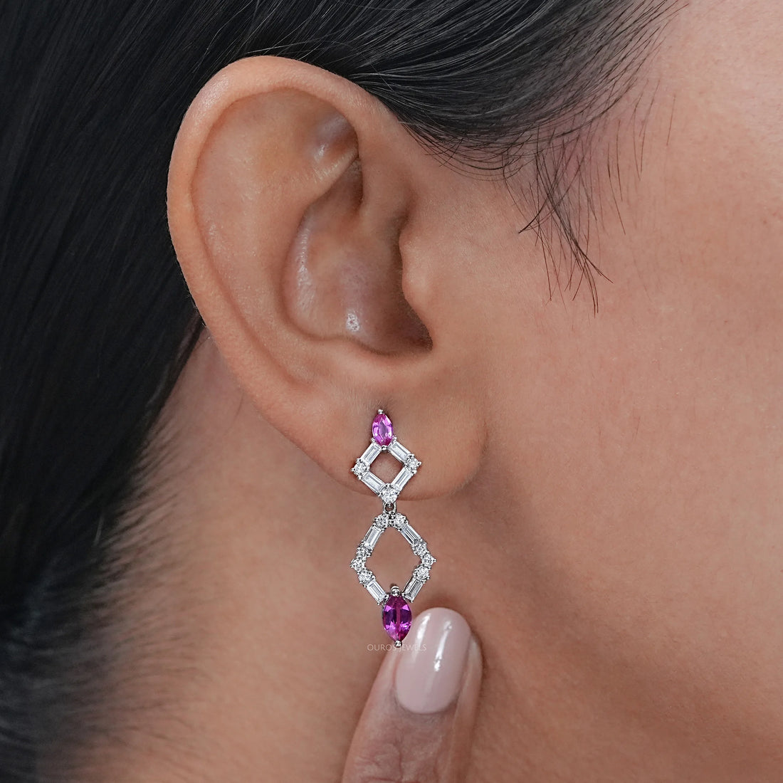 Pink Gemstone And Diamond Drop Dangle Earrings