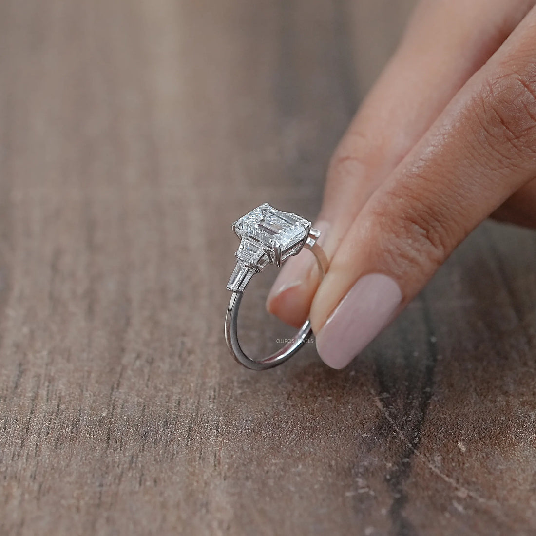 Emerald And Trapezoid Lab Diamond Five Stone Engagement Ring Rings