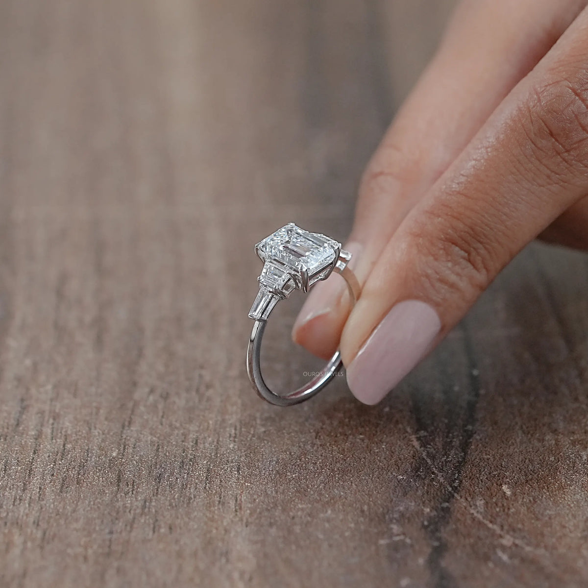 Emerald And Trapezoid Lab Diamond Five Stone Engagement Ring Rings