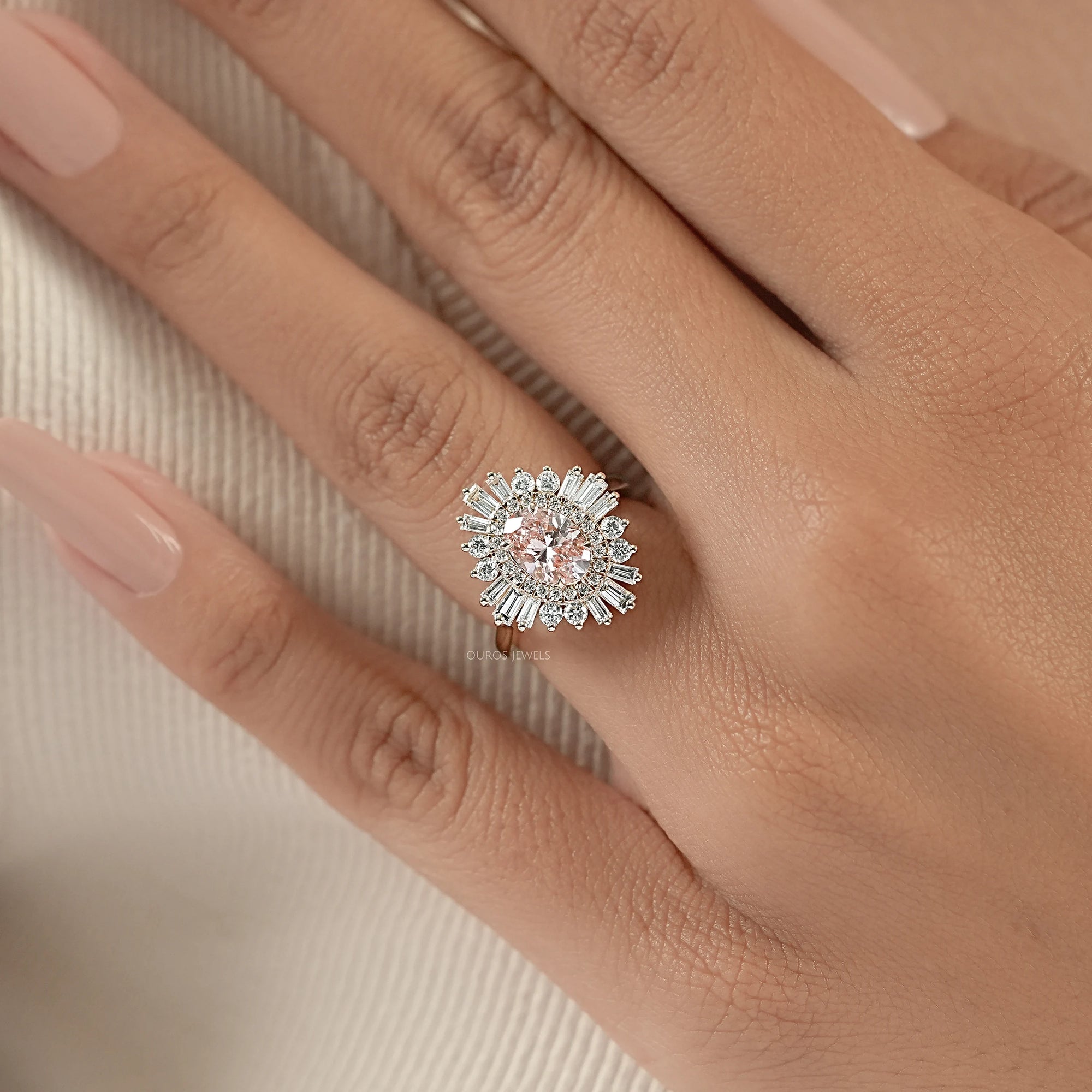Fancy Vivid Pink Oval Cut Double Halo Sunbrust Ring