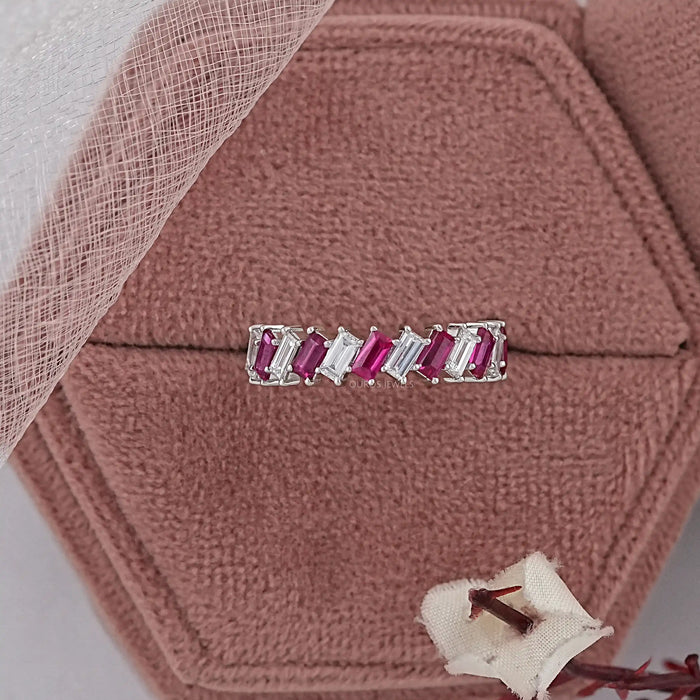 Ruby Baguette Gemstone Half Eternity Wedding Band Rings