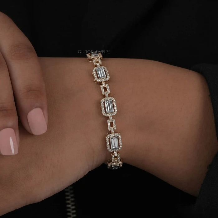 [A Women wearing Baguette Cut Diamond Bracelet]-[Ouros Jewels]
