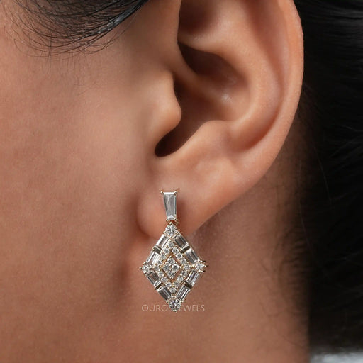 Round and Baguette Diamond Earrings]-[Ouros Jewels]