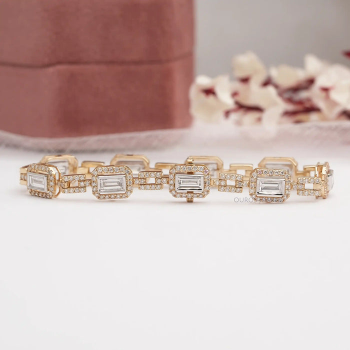 5/8 CT TDW Parallel Baguette-Cut Diamond Halo Bracelet in 14k White Gold -  7-8 in. - CBG003072