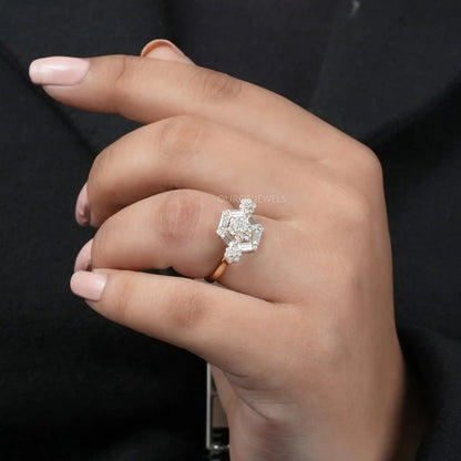 Octagon Shape Baguette Cut Halo Yellow Gold Engagement Ring