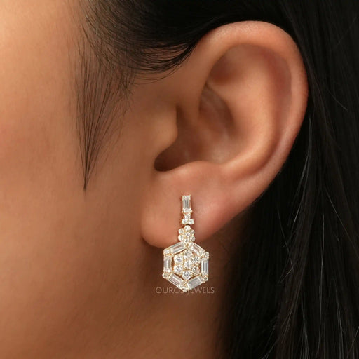 [A Women wearing Baguette Cut Lab Diamond Earrings]-[Ouros Jewels]