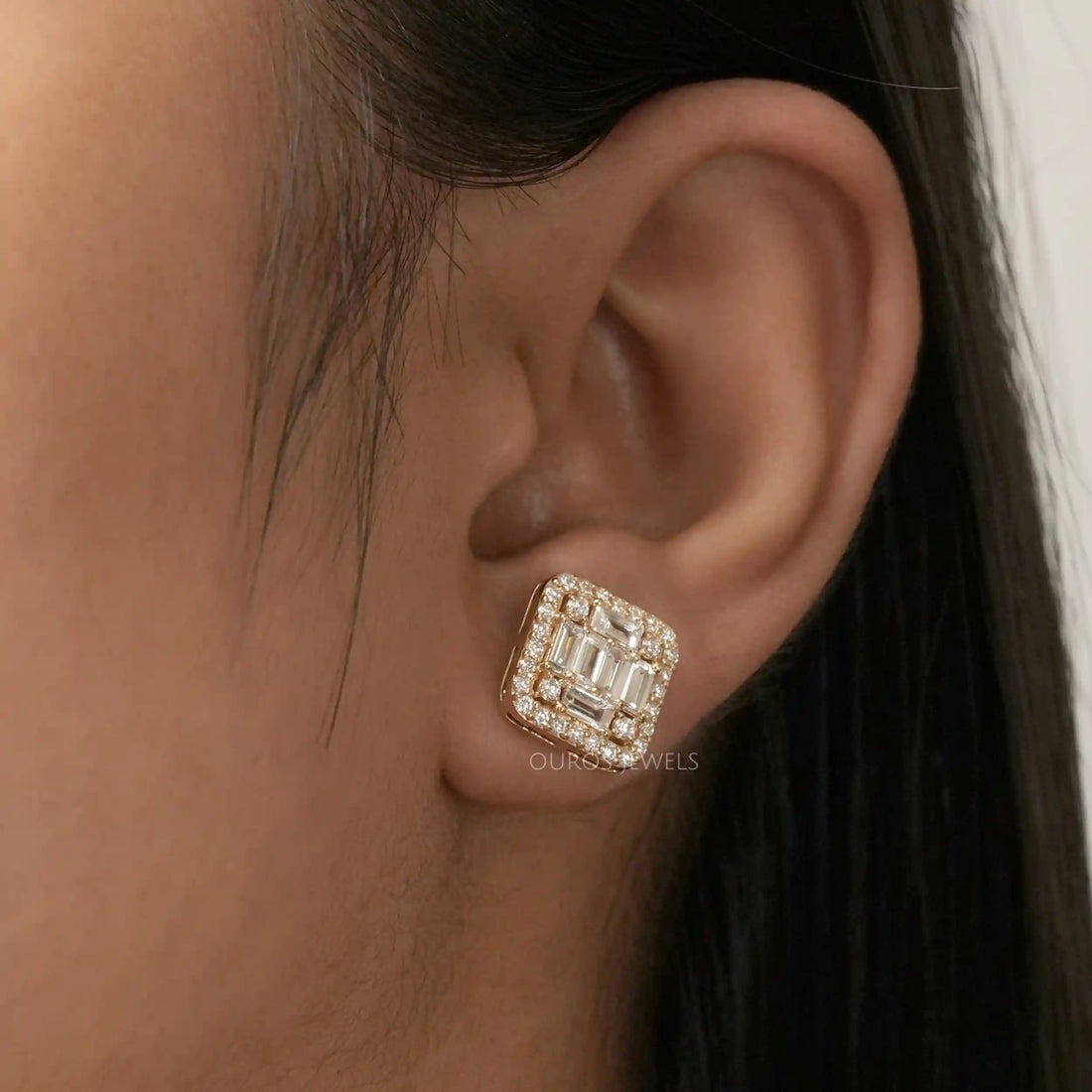 Baguette And Round Cut Lab Diamond Halo Stud Earrings Earrings