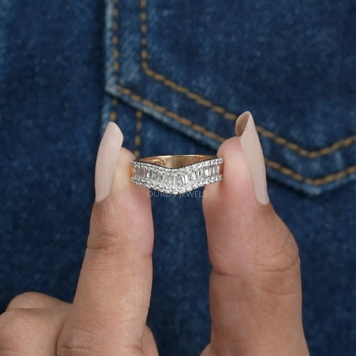 [A Women holding Baguette Diamond Eternity Band]-[Ouros Jewels]