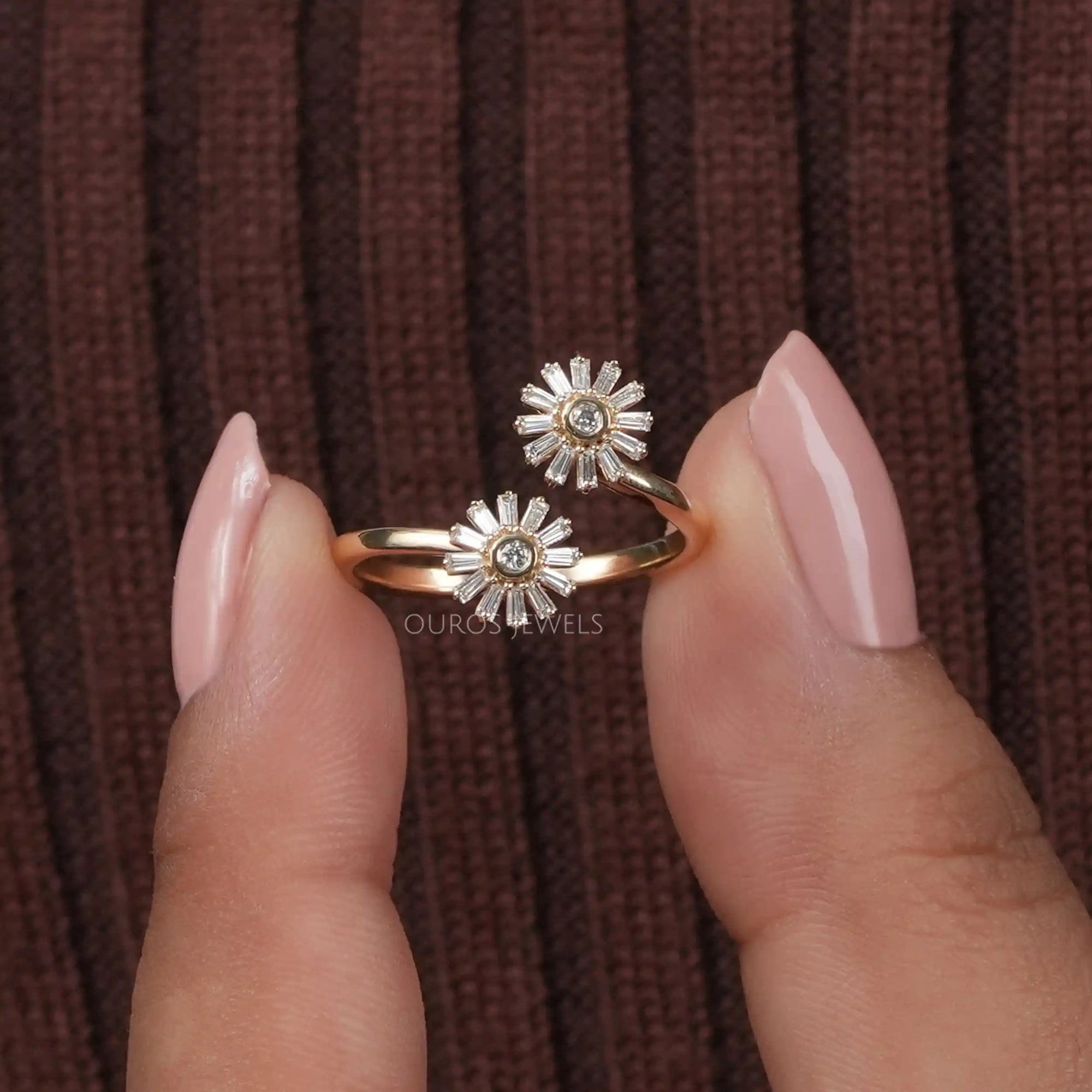 Two Flower Shape Tapered Baguette Cut Lab Diamond Bypass Ring Rings