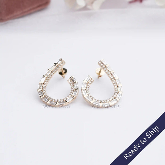 [Baguette and Round Cut Diamond Earrings]-[Ouros Jewels]