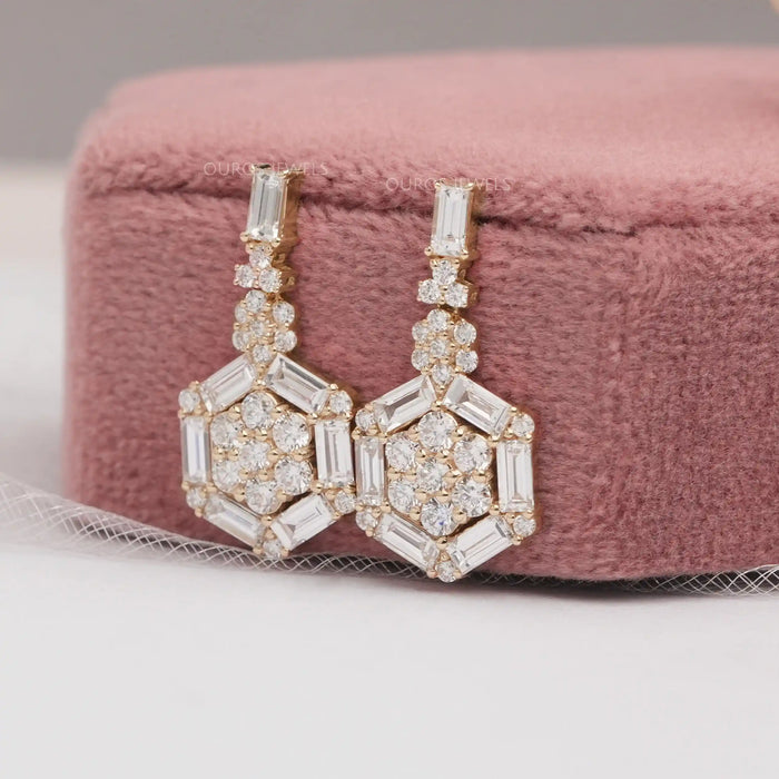 [Baguette Cut Round Diamond Earrings]-[Ouros Jewels]