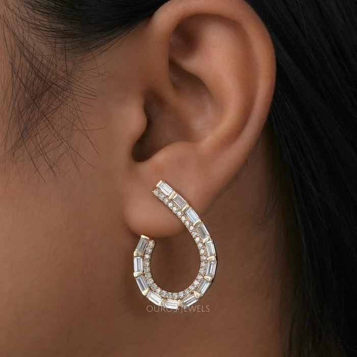 [A Women wearing Baguette and Round Cut Earrings]-[Ouros Jewels]
