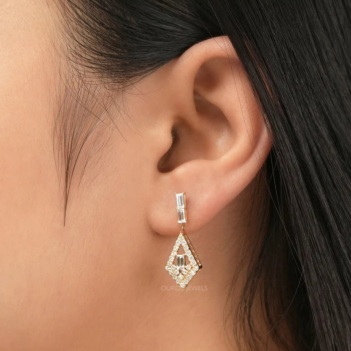 [Baguette Cut and Round Diamond Drop Earring]-[Ouros Jewels]