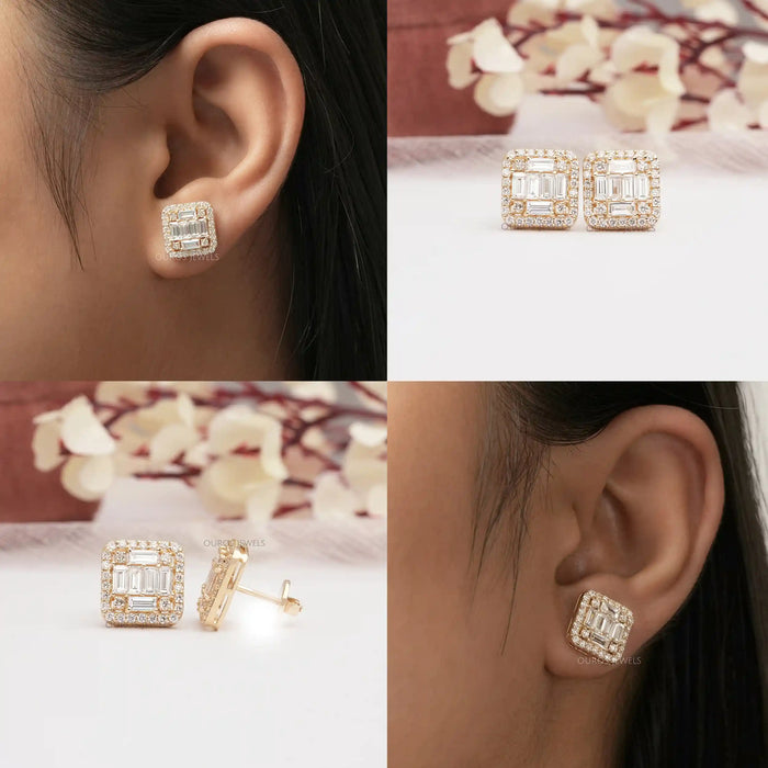 [Baguette and Round Diamond Halo Earrings]-[Ouros Jewels]