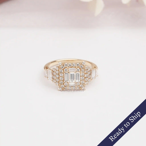 [Baguette and Halo Engagement Ring]-[Ouros Jewels]