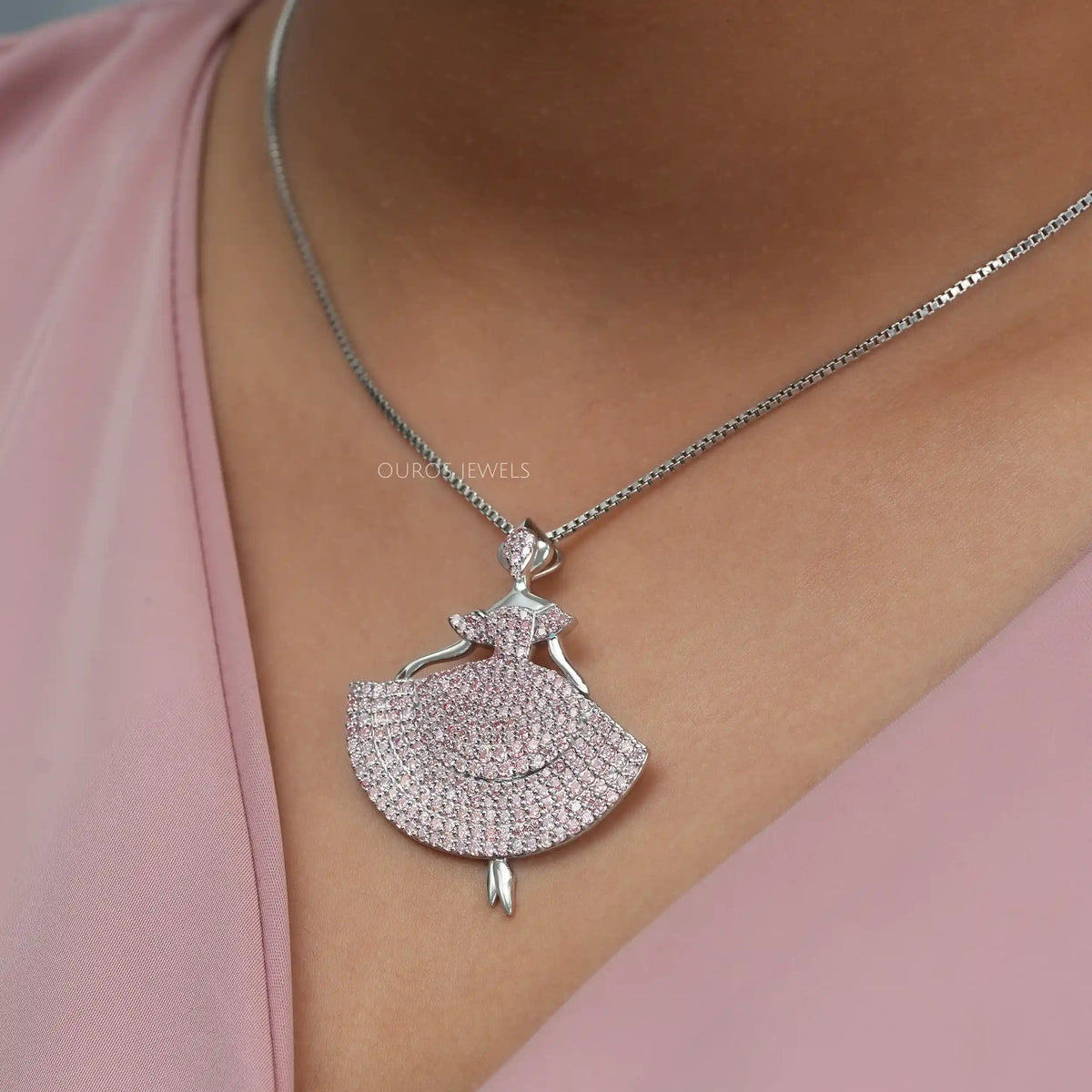 Fancy Pink Round Cut Crystals Barbie Doll Pendant Necklaces
