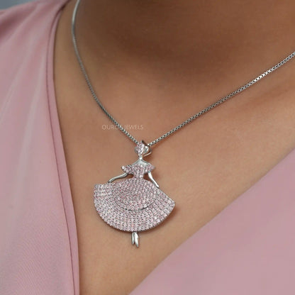 Fancy Pink Round Cut Crystals Barbie Doll Pendant Necklaces