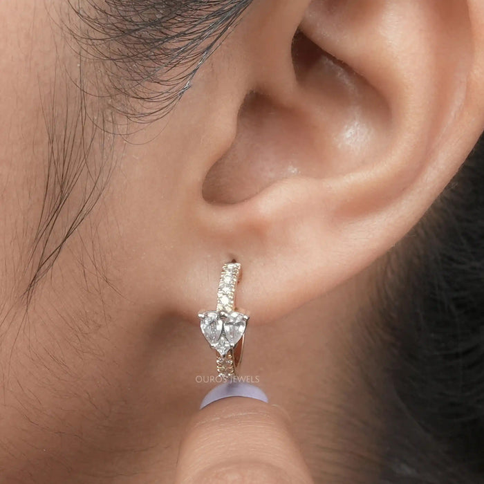 [A Women wearing Petitie Hoop Diamond Earrings]-[Ouros Jewels]