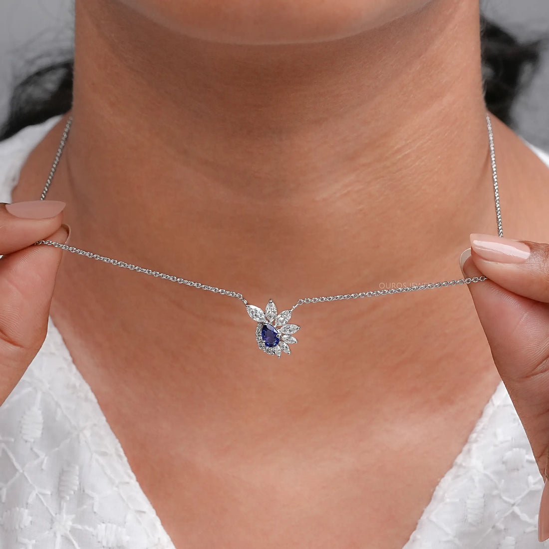 Blue Sapphire And Diamond Floral Cluster Pendant Necklace Necklaces