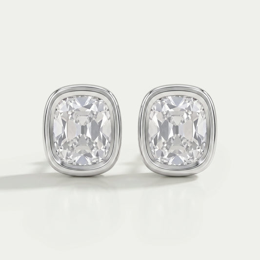 Old Mine Cushion Diamond Bezel Set Stud Earrings Earrings