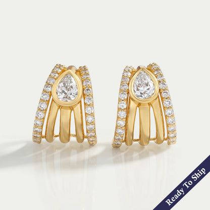 Multi Row Bezel Pear Diamond C Hoop Earrings