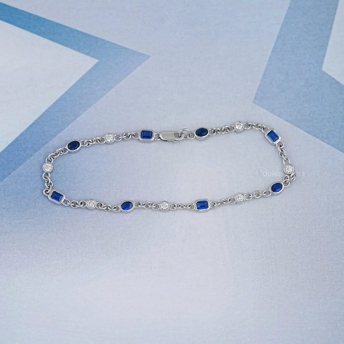 Sapphire Emerald And Oval Gemstone Bezel Set Chain Bracelet