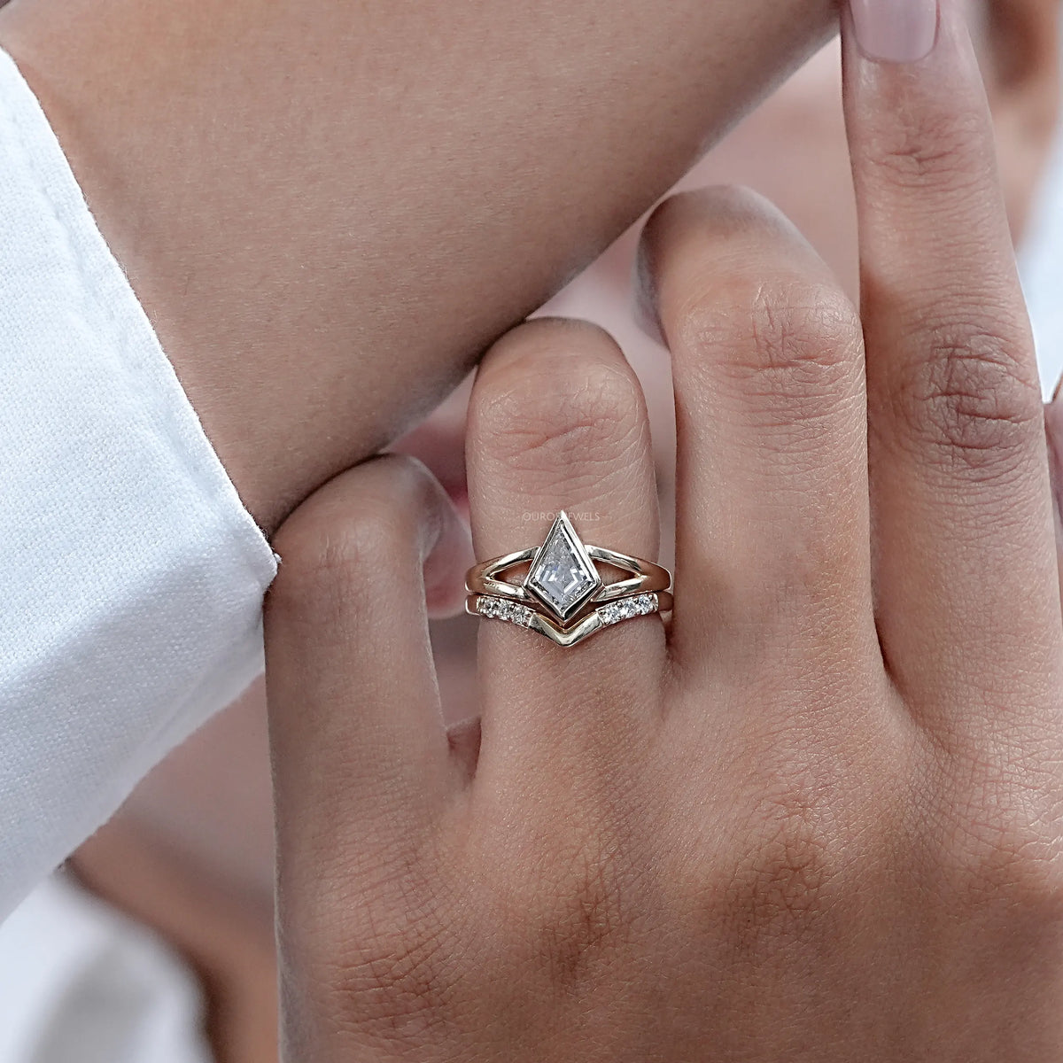 Kite Cut Lab Diamond Bezel Set Bridal Ring Set Rings