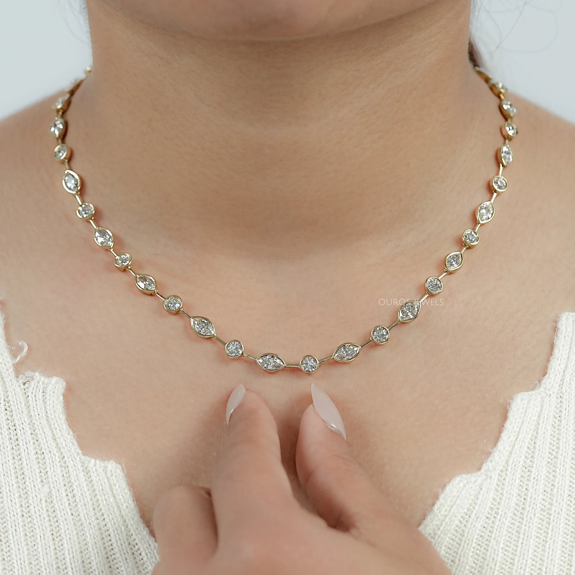 Bezel Set Old Mine Marquise Diamond Necklace Necklaces