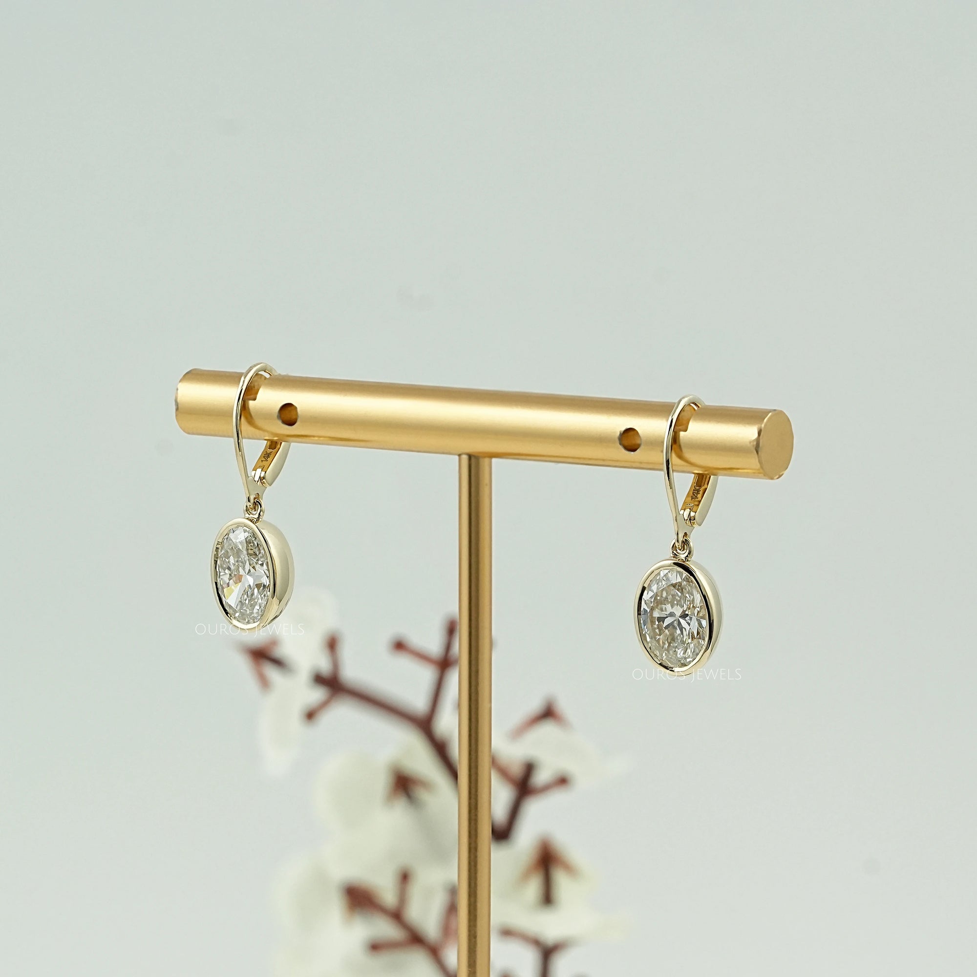 Oval Diamond Bezel Set Drop Hoop Earrings