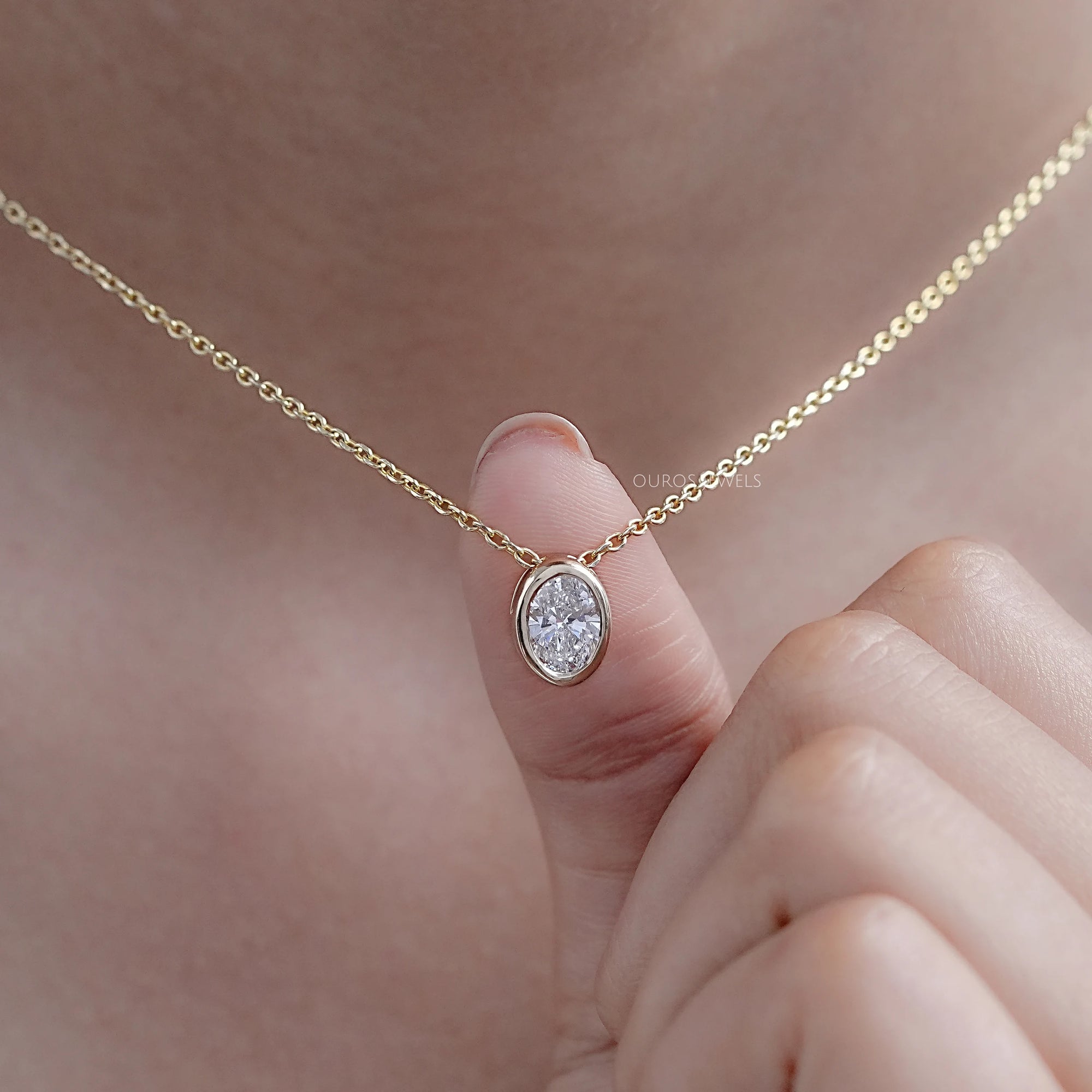 Oval Lab Diamond Bezel Set Solitaire Pendant Necklaces