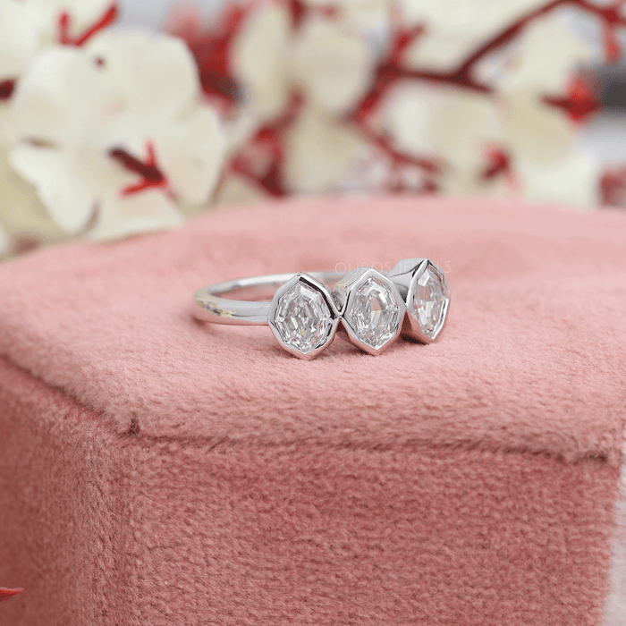 Three Stone Step Cut Bezel Engagement Ring