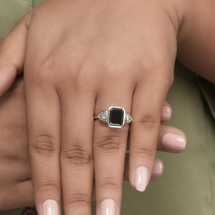 [Black Emerald Cut Bezel Set Engagement Ring]-[Ouros Jewels]