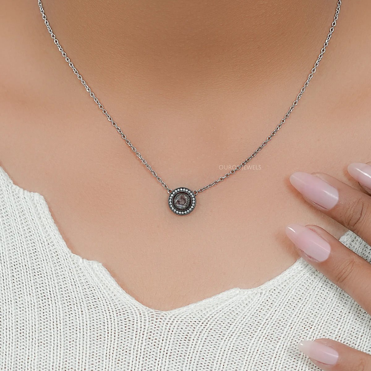 Rose Cut Round Diamond Halo Necklace