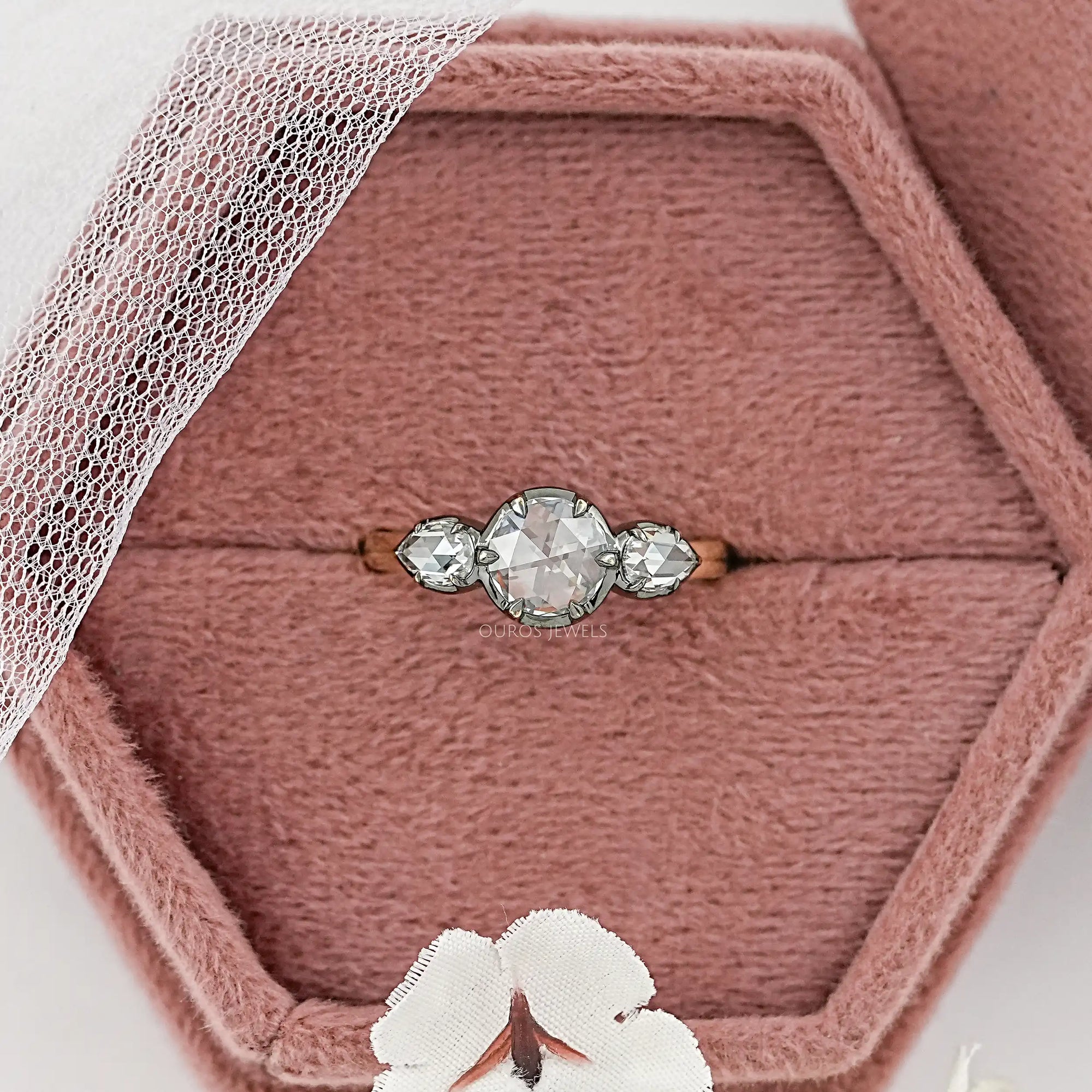 Rose Cut Round And Pear Diamond Engagement Ring