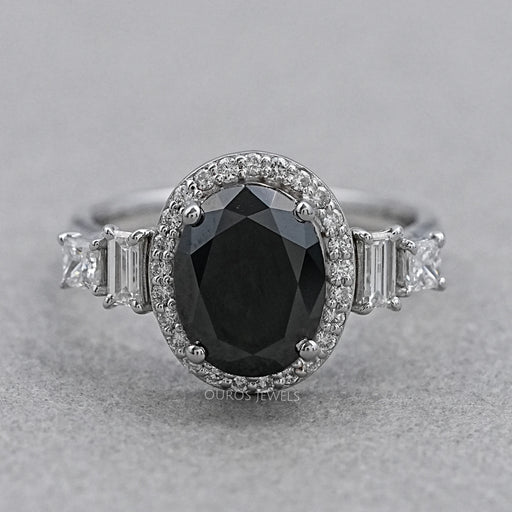 Black Oval Cut Halo With Accent Diamond Ring Rings