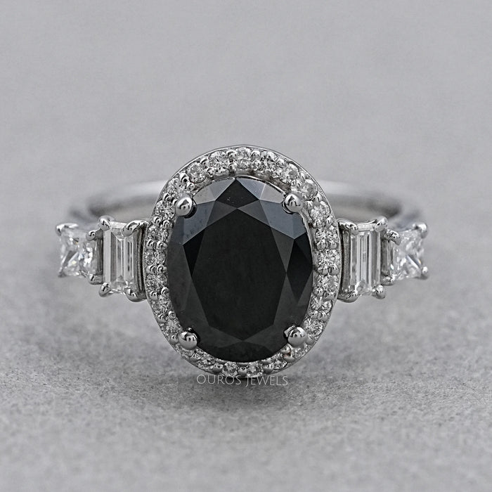 Black Oval Cut Halo With Accent Diamond Ring Rings