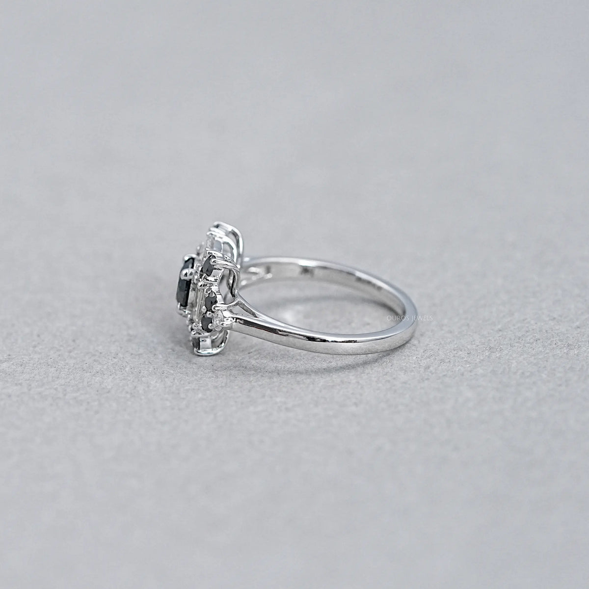 Black Round Cut Halo Baguette Diamond Ring Rings