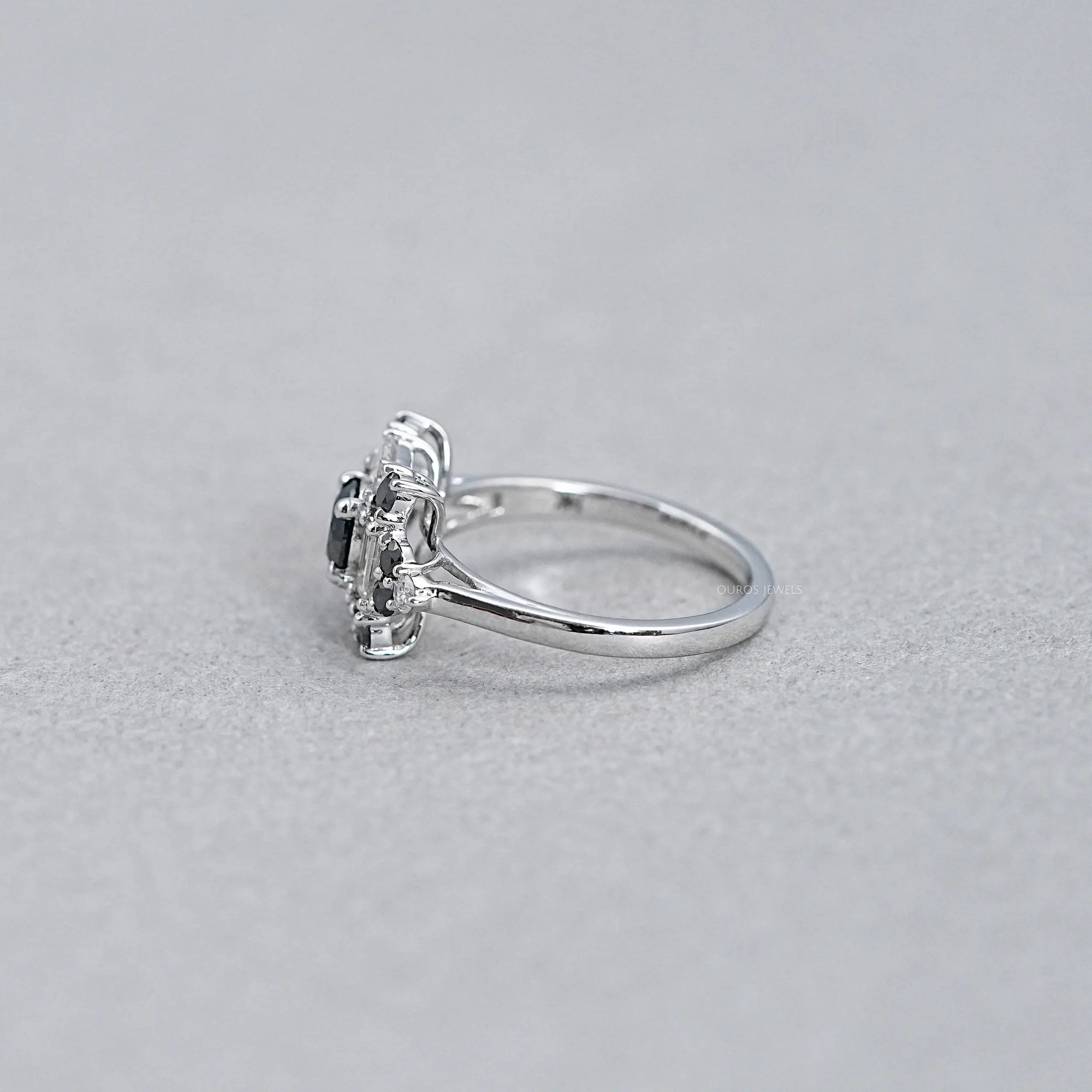 Black Round Cut Halo Baguette Diamond Ring Rings