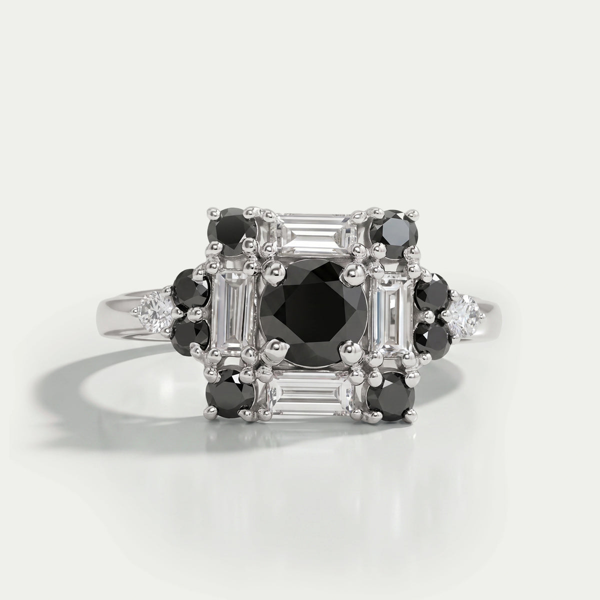 Black Round Cut Halo Baguette Diamond Ring Rings