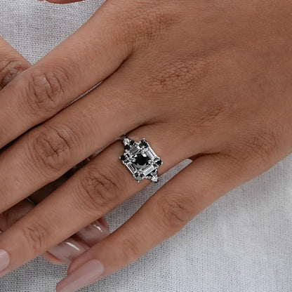 Black Round Cut Halo Baguette Diamond Ring Rings